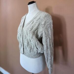 Vintage 1980s Wool Speckled Cardigan / Cropped Slouchy Hand Knit Sweater